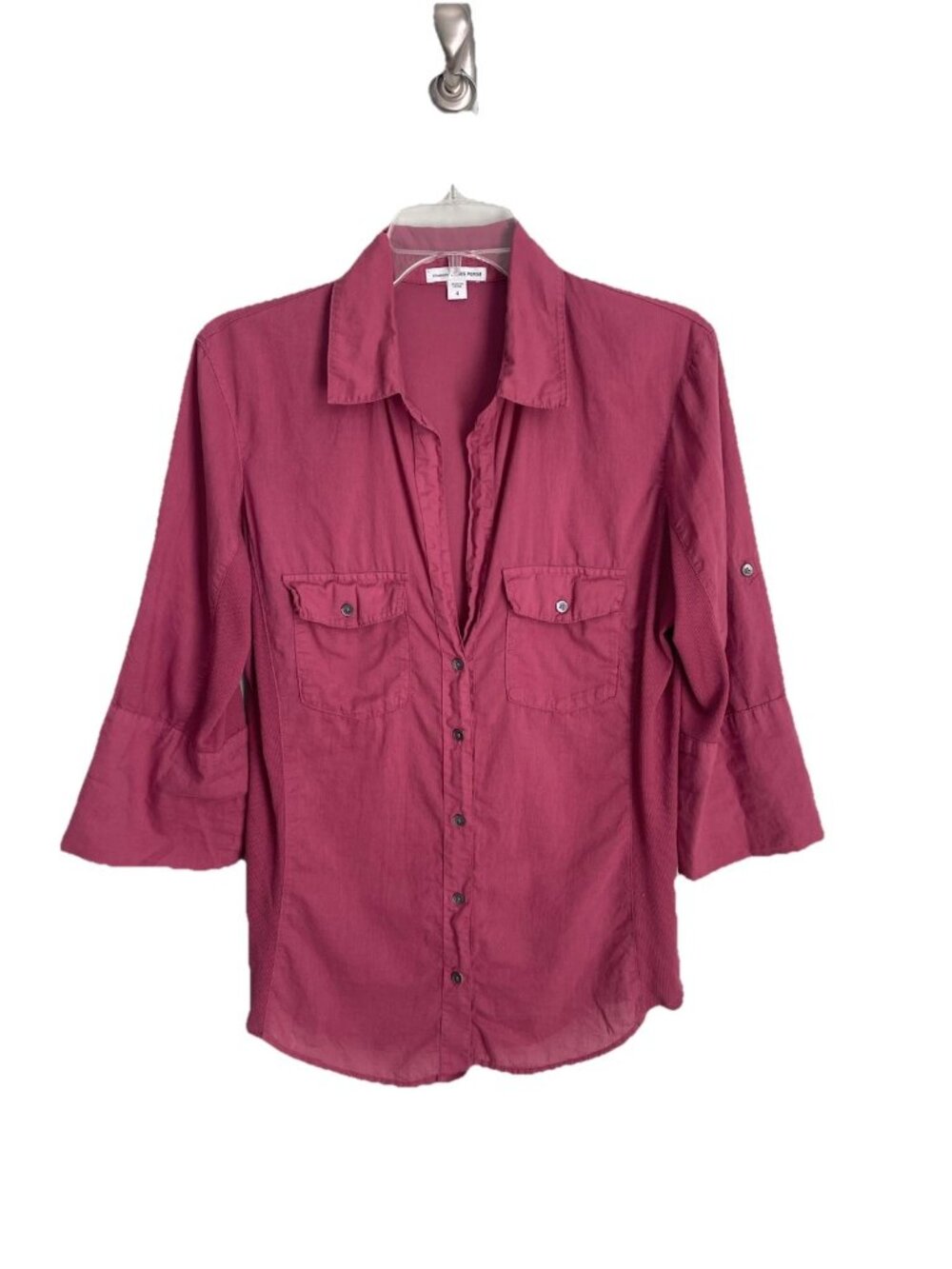 Standard James Perse 4 Magenta Sheer Slub Side Panel Shirt Roll Tab Sleeves